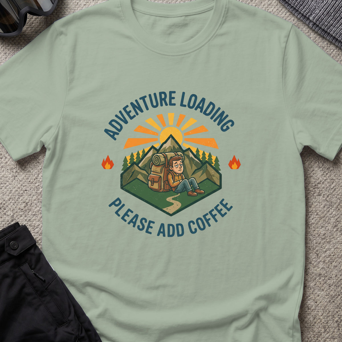 Adventure Loading T-Shirt in Sage, front view.