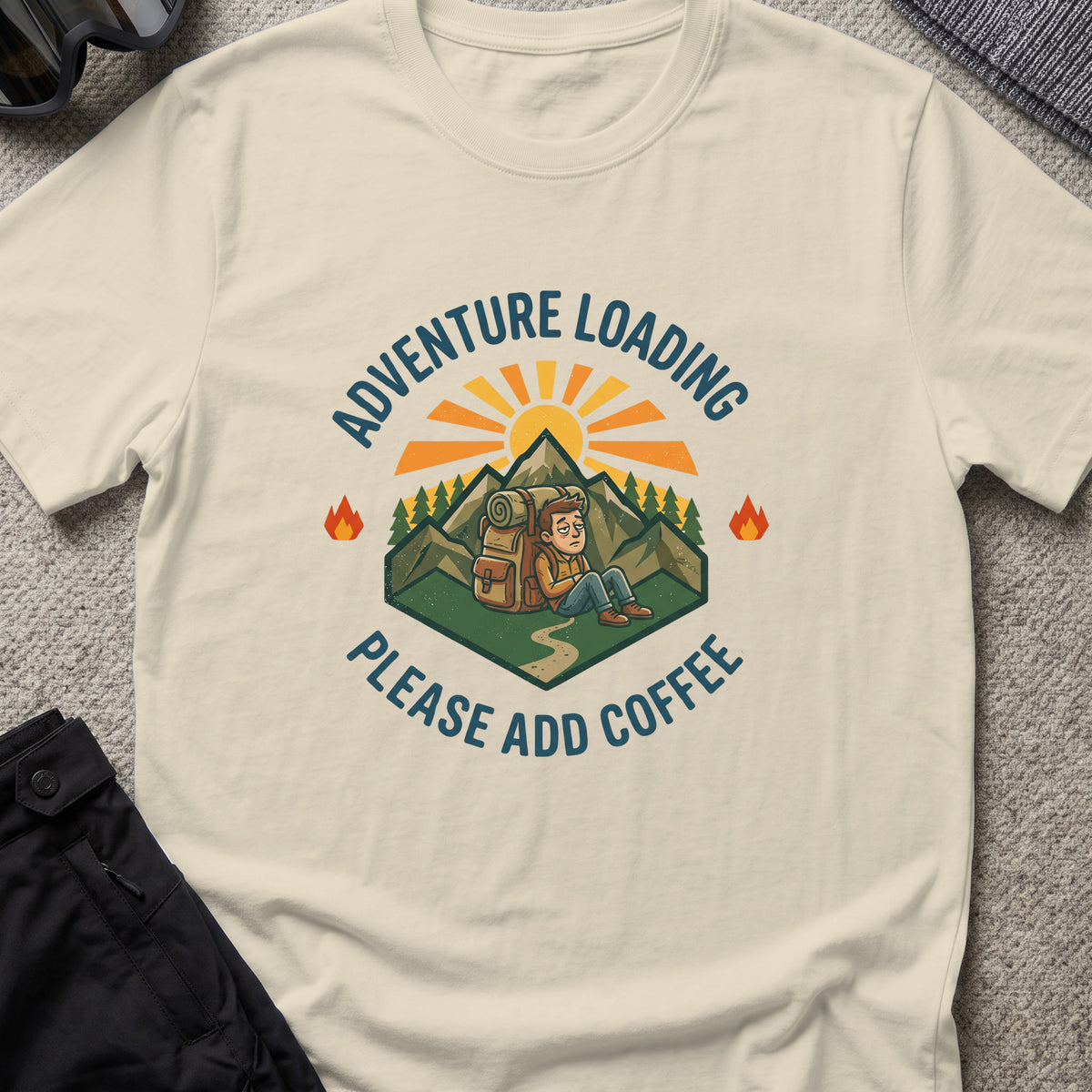 Adventure Loading T-Shirt in Sand, front view.