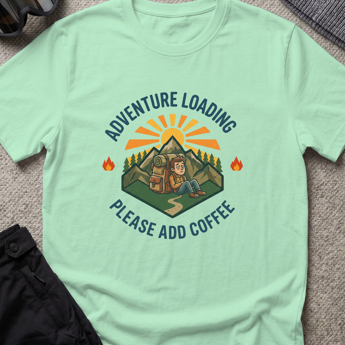 Adventure Loading T-Shirt in Mint Green, front view.
