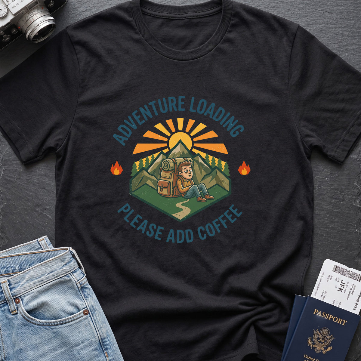 Adventure Loading T-Shirt in Black, front view.
