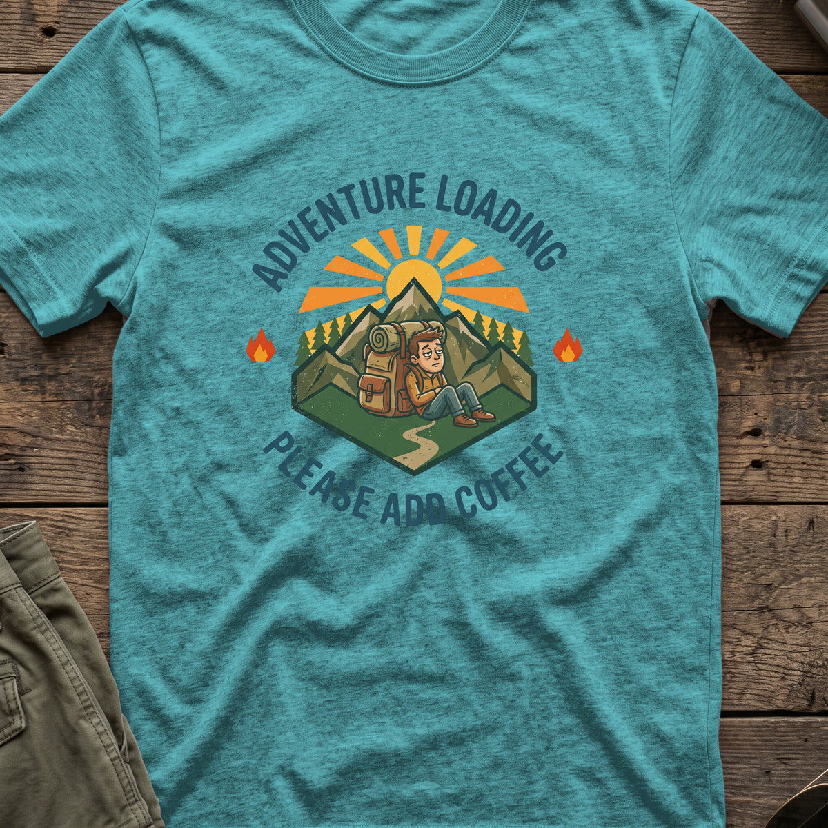 Adventure Loading T-Shirt in Heather Galapagos Blue, front view.