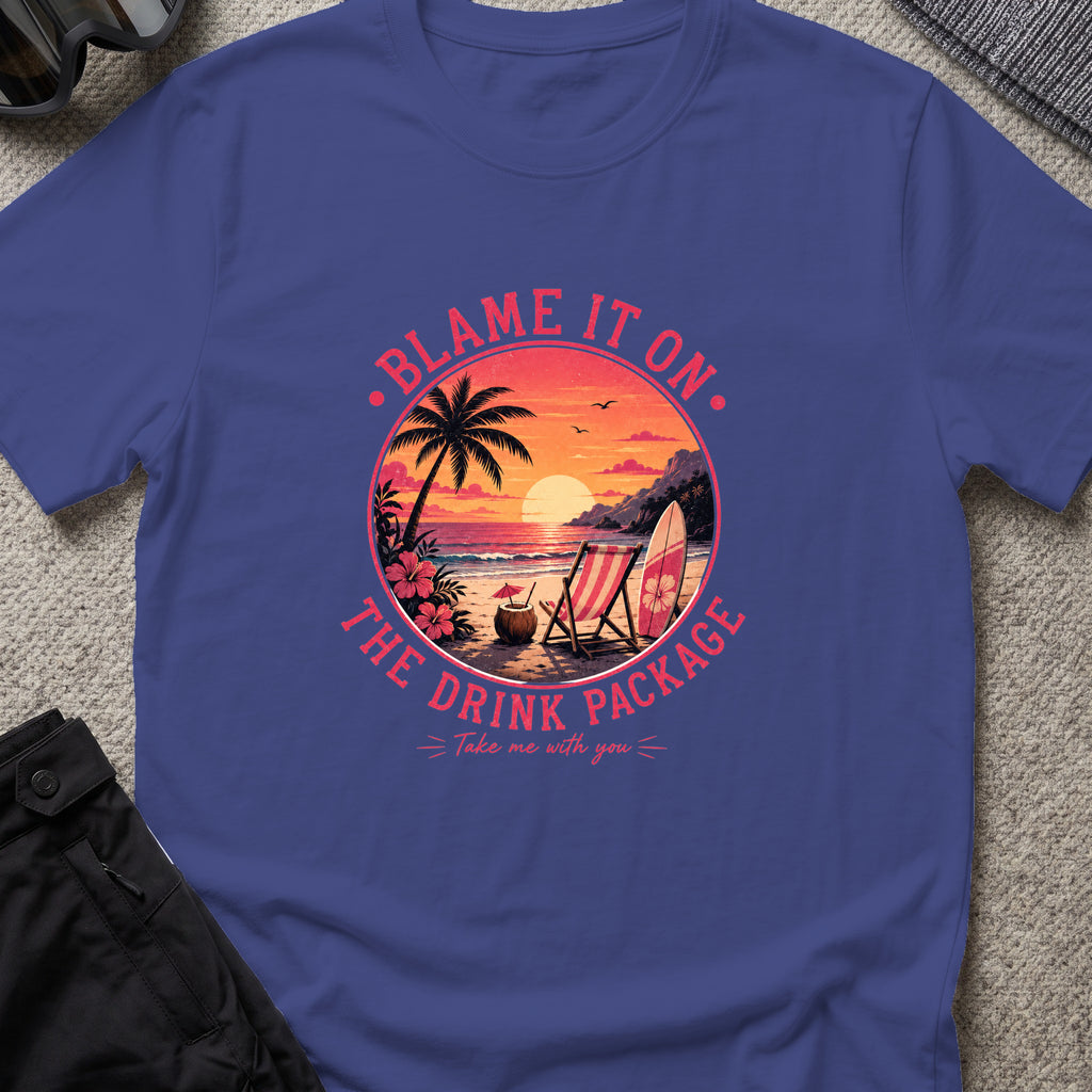 Blame It On The Drink Package — Sunset Beach T-Shirt in Metro Blue, front view.