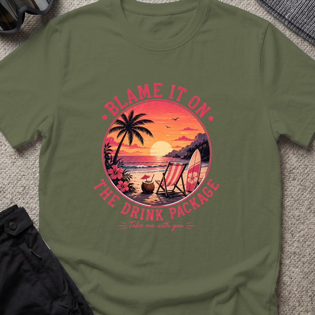 Blame It On The Drink Package — Sunset Beach T-Shirt in Military Green, front view.