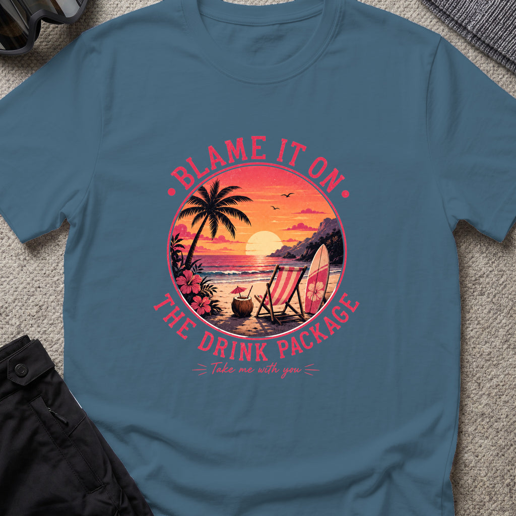 Blame It On The Drink Package — Sunset Beach T-Shirt in Indigo Blue, front view.