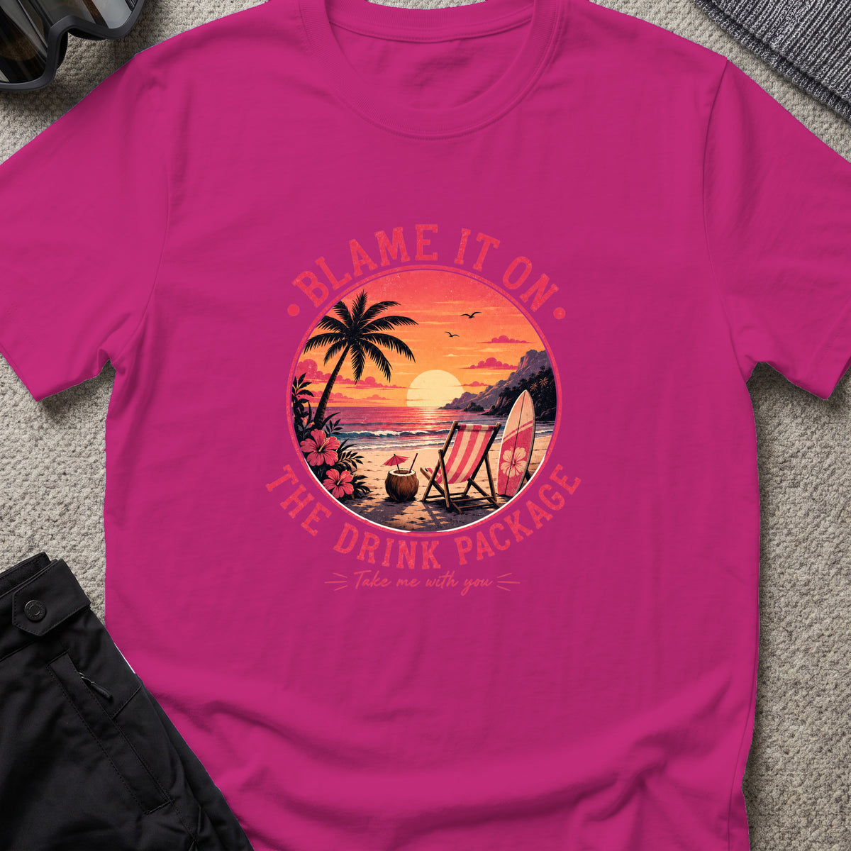 Blame It On The Drink Package — Sunset Beach T-Shirt in Antique Heliconia, front view.