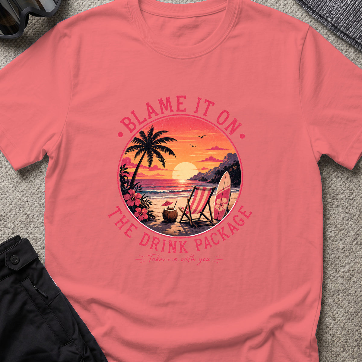 Blame It On The Drink Package — Sunset Beach T-Shirt in Coral Silk, front view.