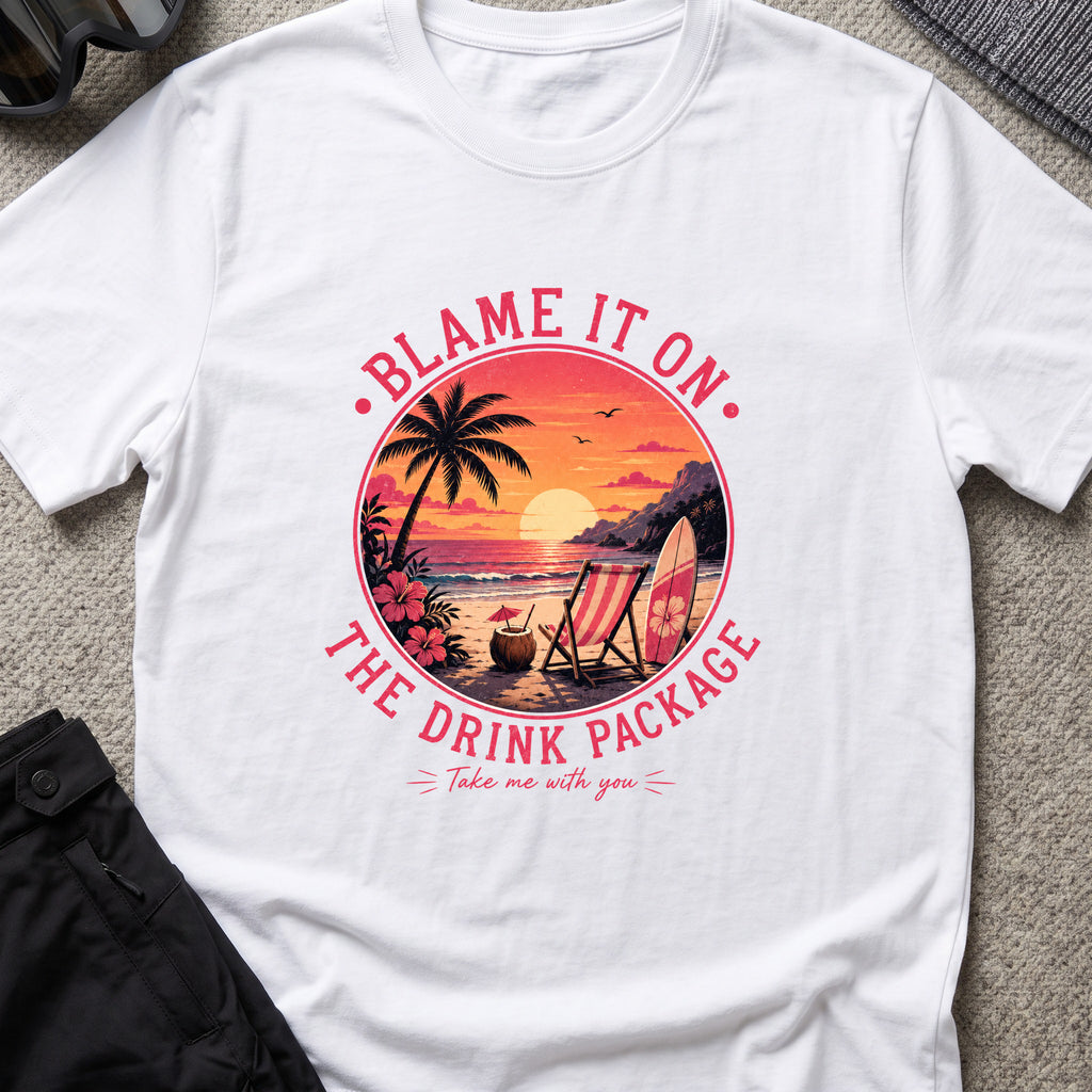 Blame It On The Drink Package — Sunset Beach T-Shirt in White, front view.