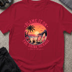 Blame It On The Drink Package — Sunset Beach T-Shirt in Cardinal Red, front view.