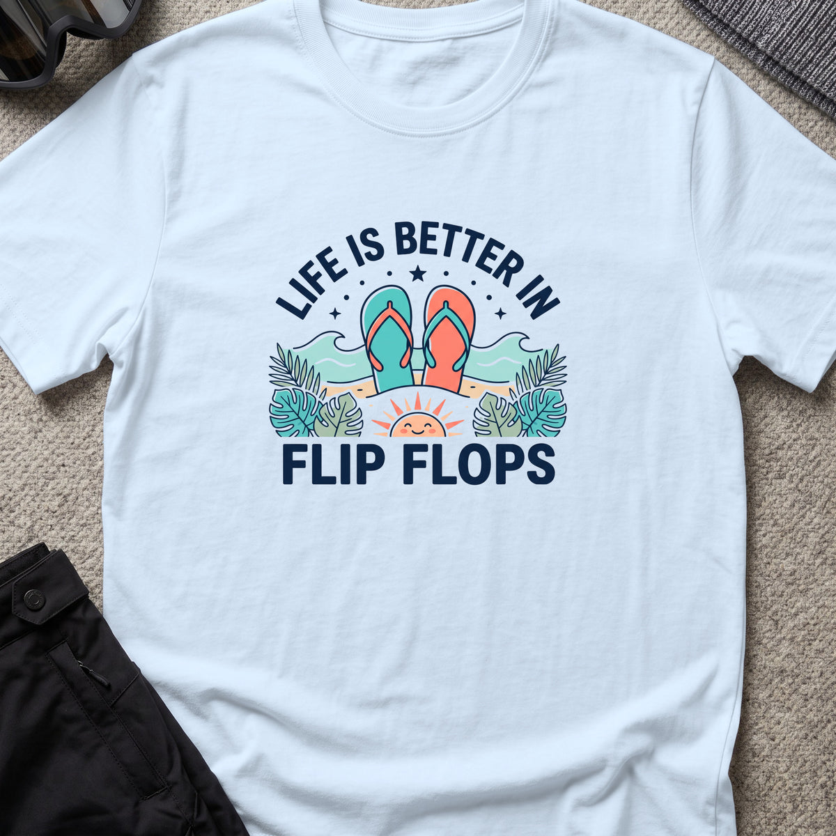 Life is Better in Flip Flops T-Shirt in Light Blue, front view.
