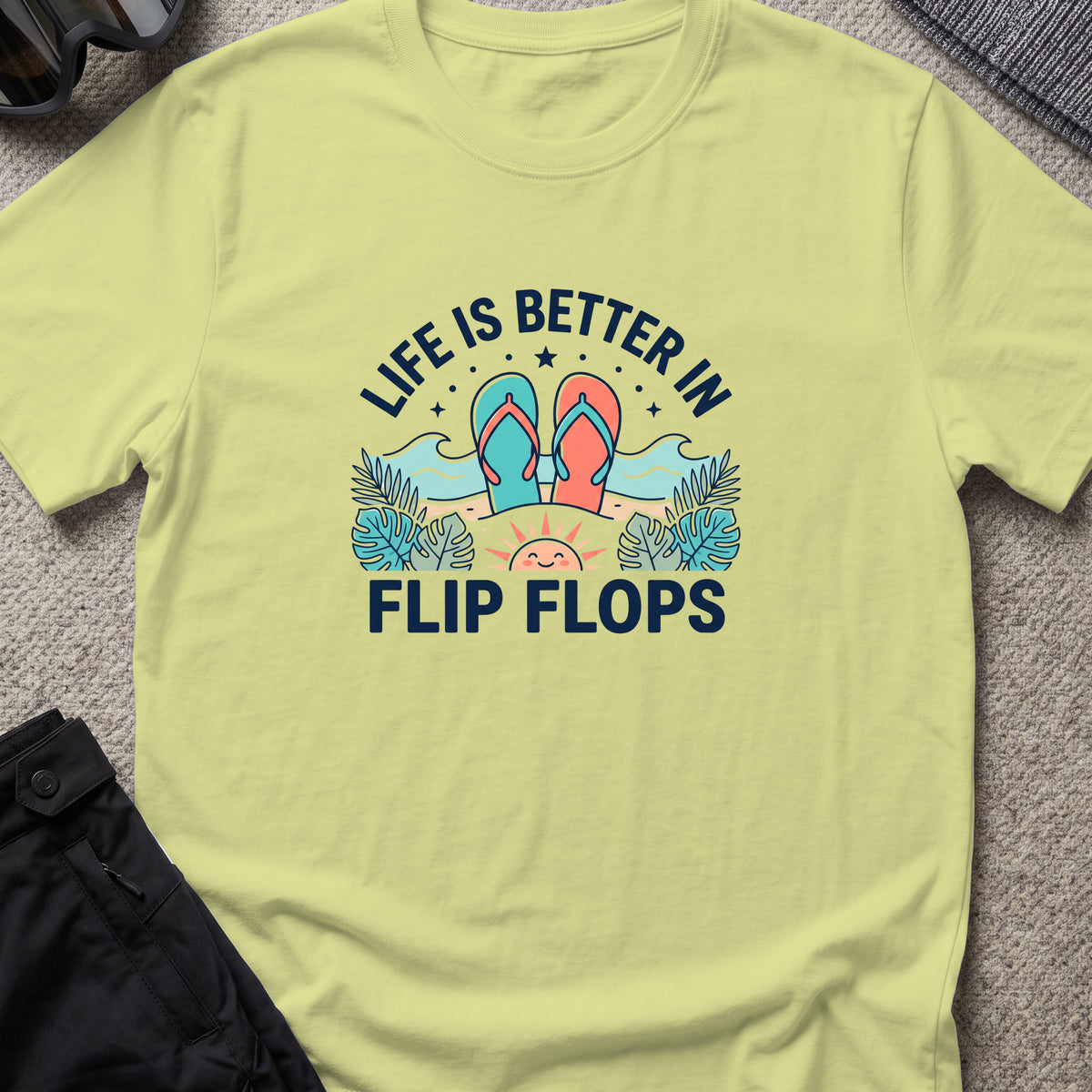 Life is Better in Flip Flops T-Shirt in Pistachio, front view.