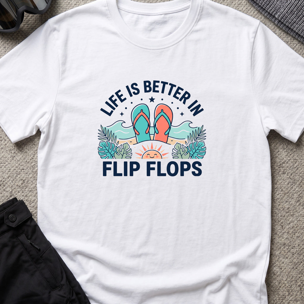 Life is Better in Flip Flops T-Shirt in White, front view.