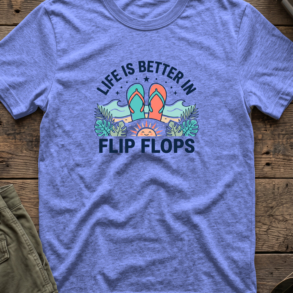 Life is Better in Flip Flops T-Shirt in Heather Royal, front view.