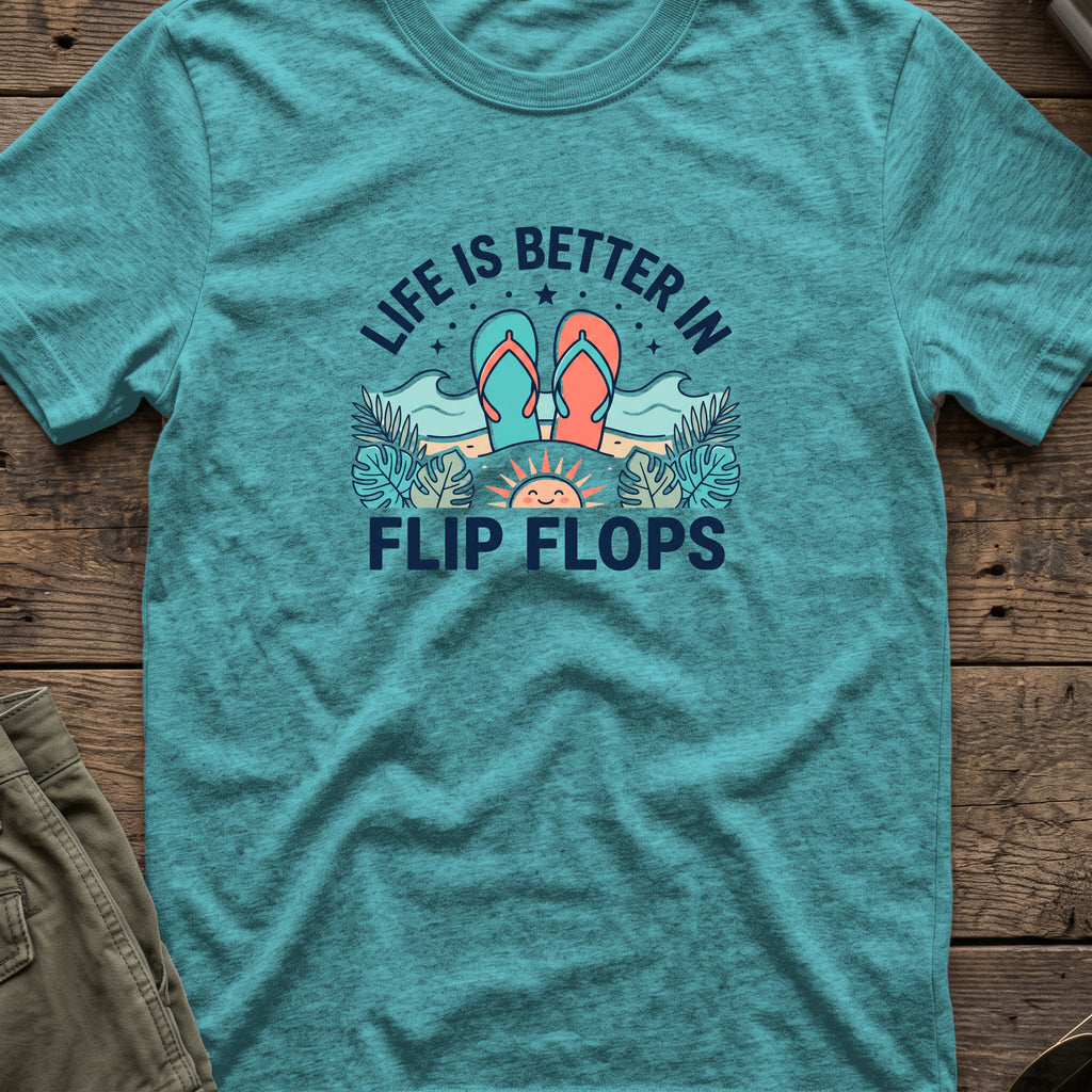 Life is Better in Flip Flops T-Shirt in Heather Galapagos Blue, front view.