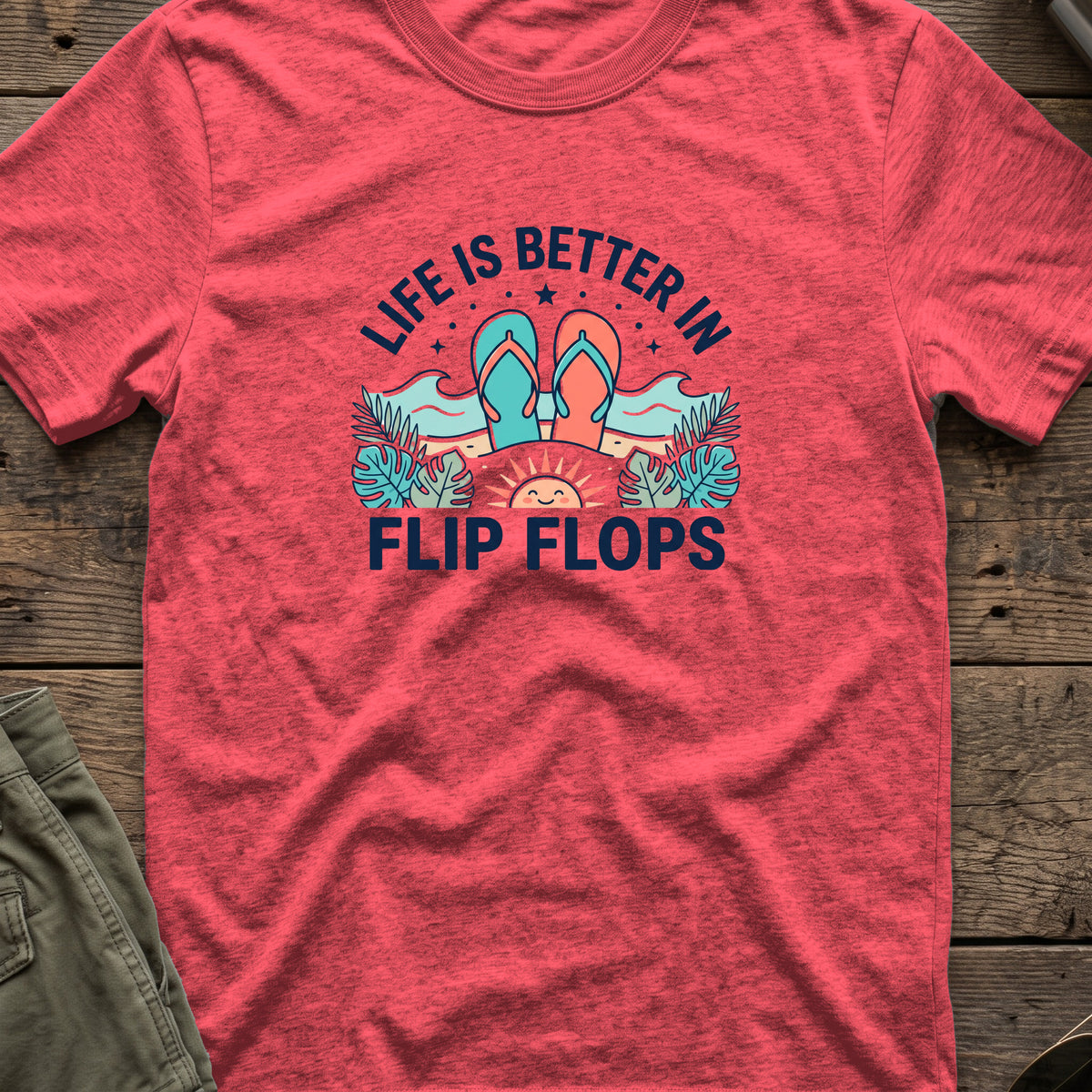 Life is Better in Flip Flops T-Shirt in Heather Red, front view.