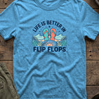 Life is Better in Flip Flops T-Shirt in Heather Sapphire, front view.