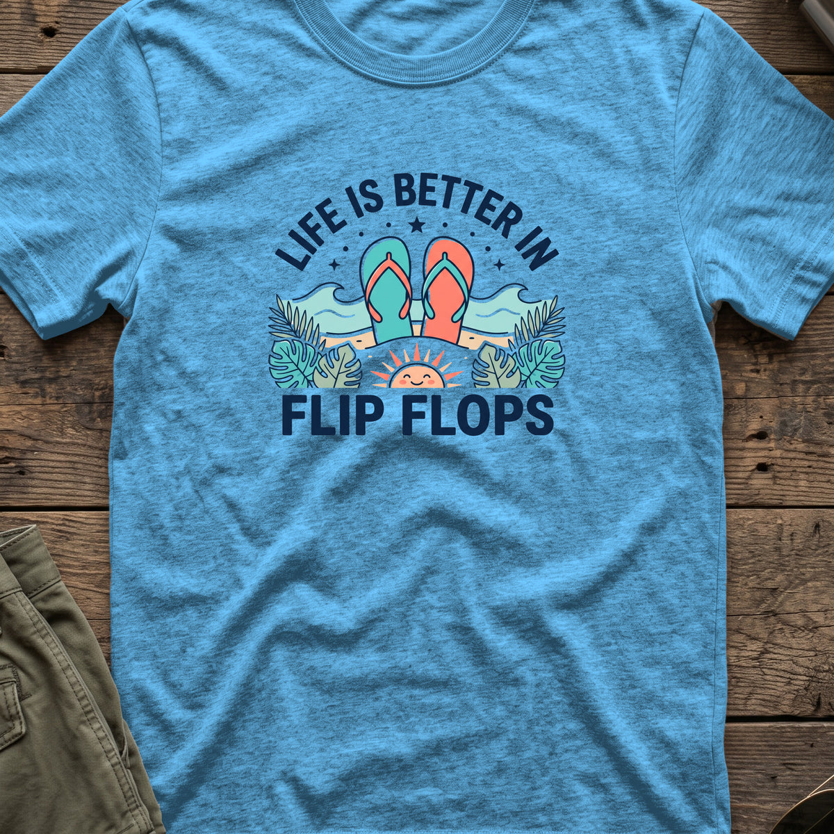 Life is Better in Flip Flops T-Shirt in Heather Sapphire, front view.