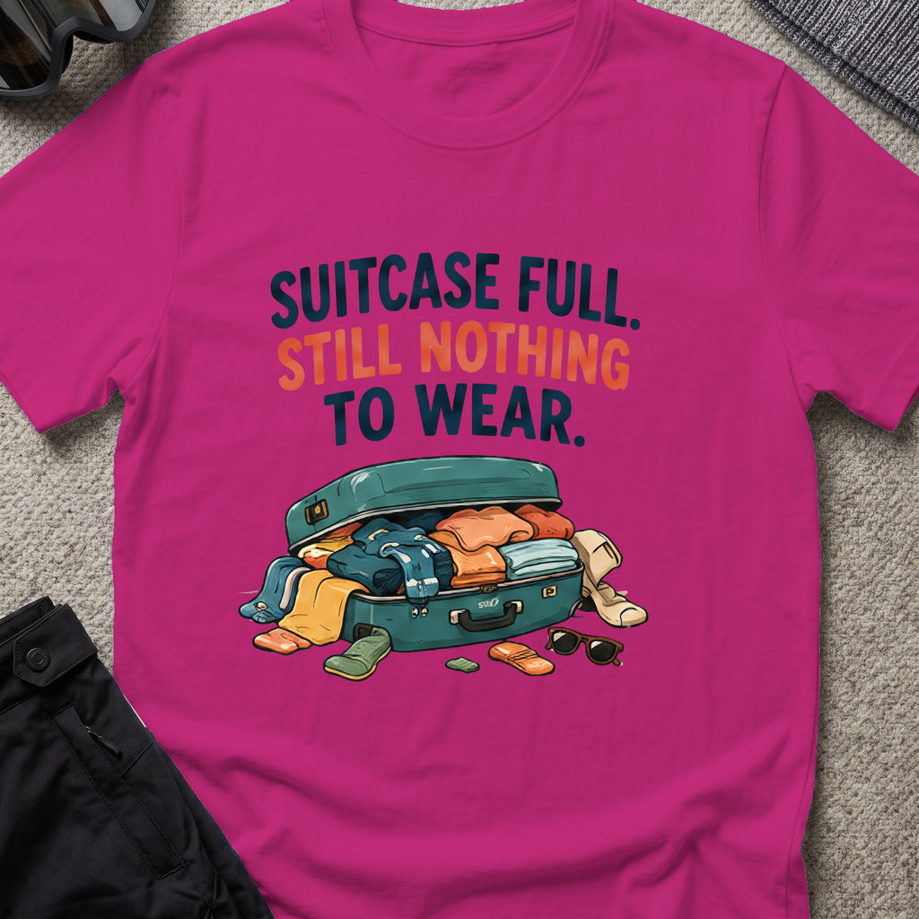 Suitcase Full Still Nothing to Wear T-Shirt in Antique Heliconia, front view.