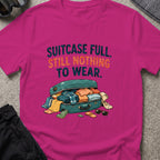 Suitcase Full Still Nothing to Wear T-Shirt in Antique Heliconia, front view.