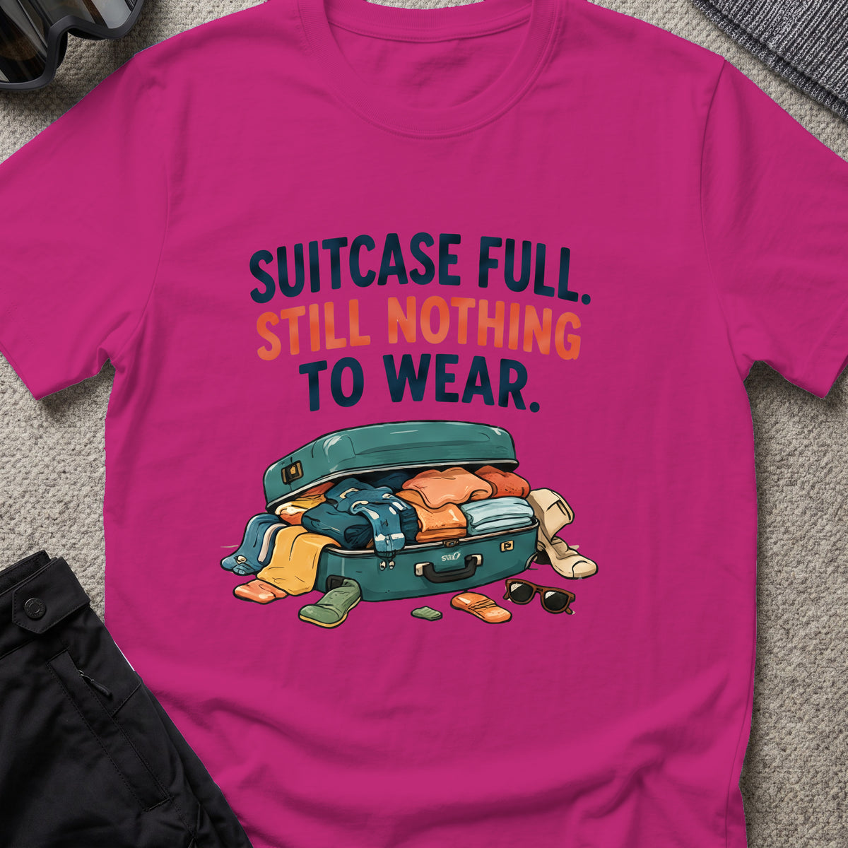 Suitcase Full Still Nothing to Wear T-Shirt in Antique Heliconia, front view.