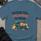 Suitcase Full Still Nothing to Wear T-Shirt in Indigo Blue, front view.