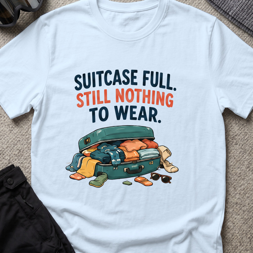 Suitcase Full Still Nothing to Wear T-Shirt in Light Blue, front view.