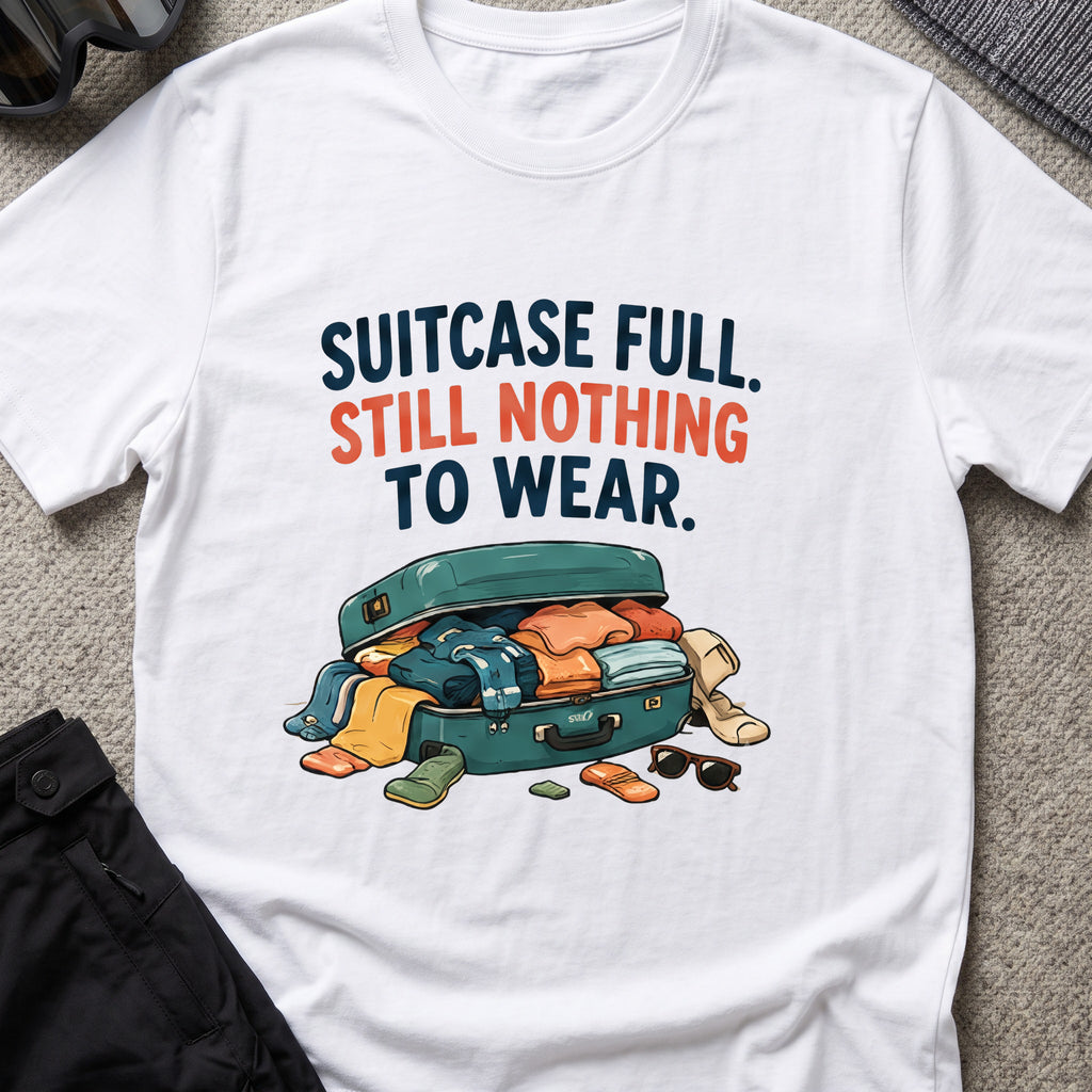 Suitcase Full Still Nothing to Wear T-Shirt in White, front view.