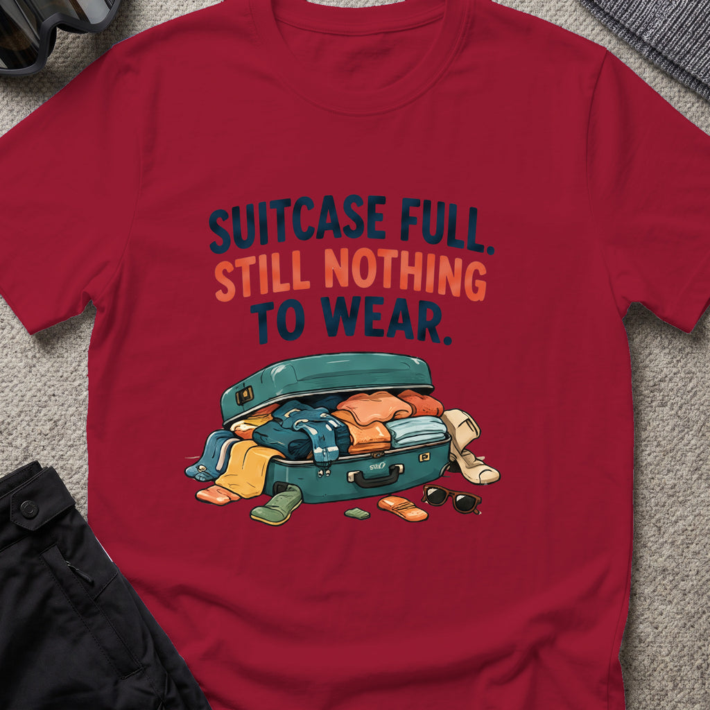 Suitcase Full Still Nothing to Wear T-Shirt in Cardinal Red, front view.