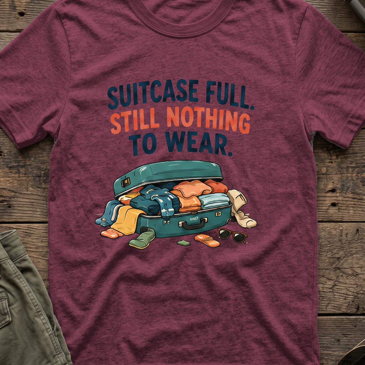 Suitcase Full Still Nothing to Wear T-Shirt in Heather Maroon, front view.
