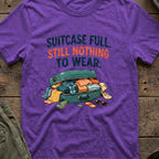 Suitcase Full Still Nothing to Wear T-Shirt in Heather Purple, front view.