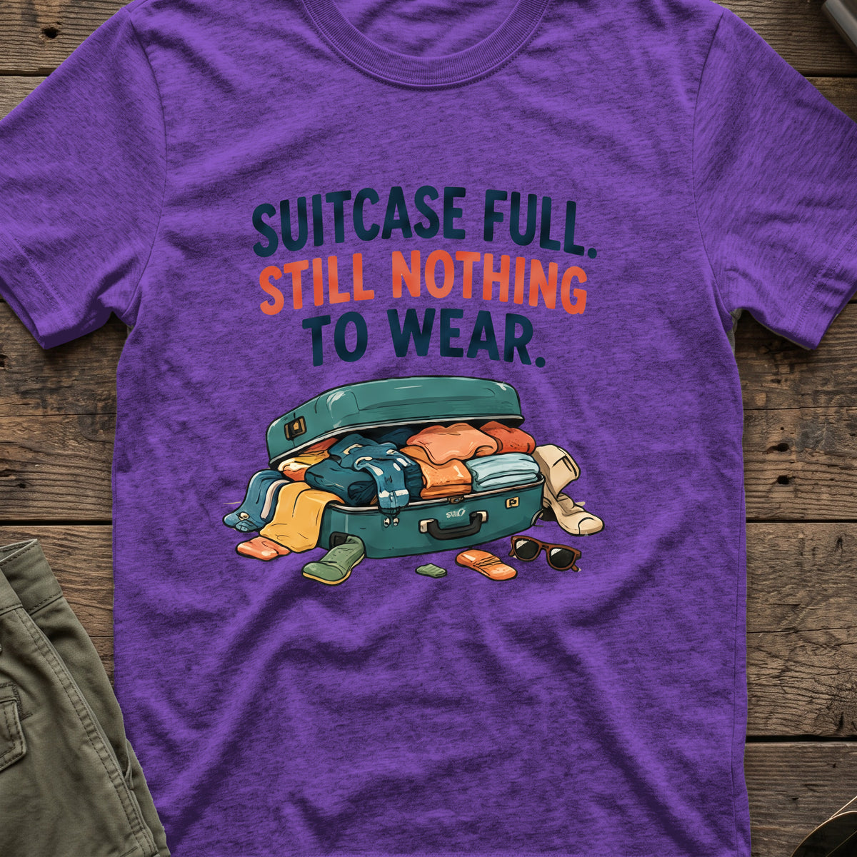 Suitcase Full Still Nothing to Wear T-Shirt in Heather Purple, front view.