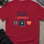 You, Me, and Passport = Happiness T-Shirt in Cardinal Red, front view.