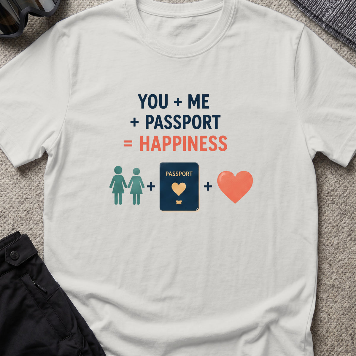 You, Me, and Passport = Happiness T-Shirt in Ice Grey, front view.