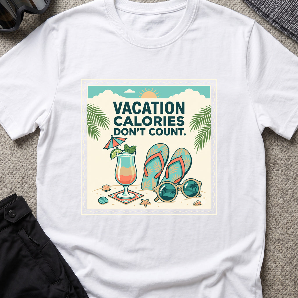 Vacation Calories Don't Count T-Shirt in White, front view.