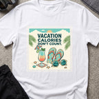 Vacation Calories Don't Count T-Shirt in White, front view.