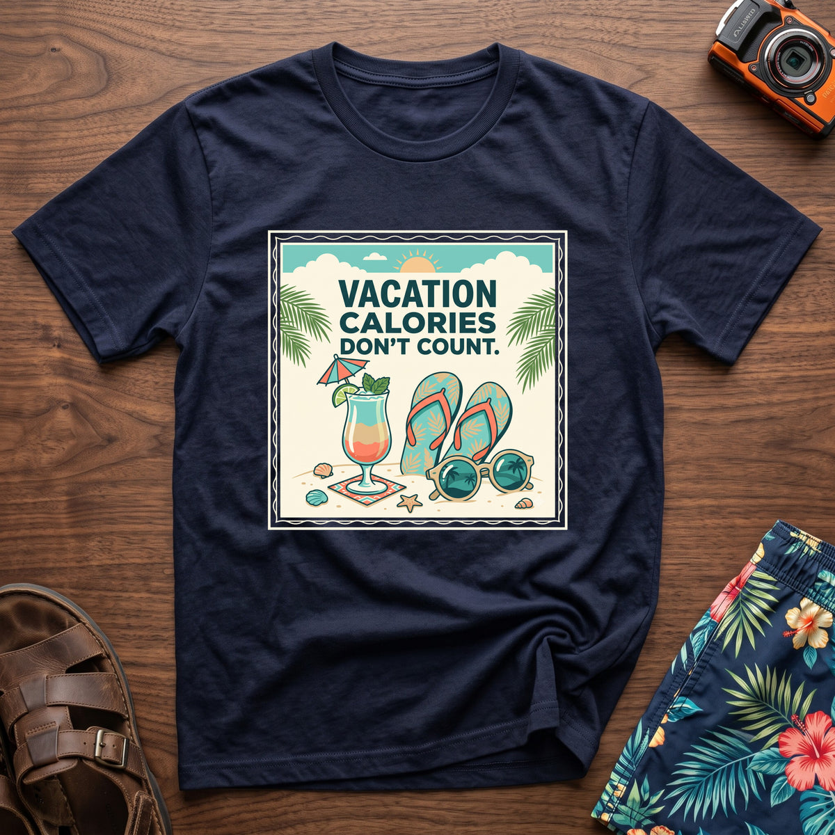 Vacation Calories Don't Count T-Shirt in Navy, front view.