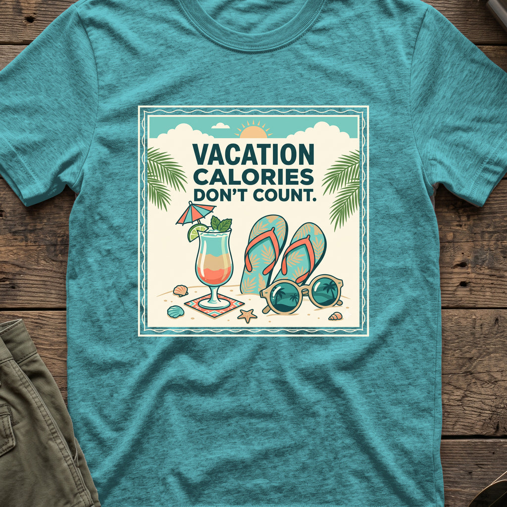 Vacation Calories Don't Count T-Shirt in Heather Galapagos Blue, front view.