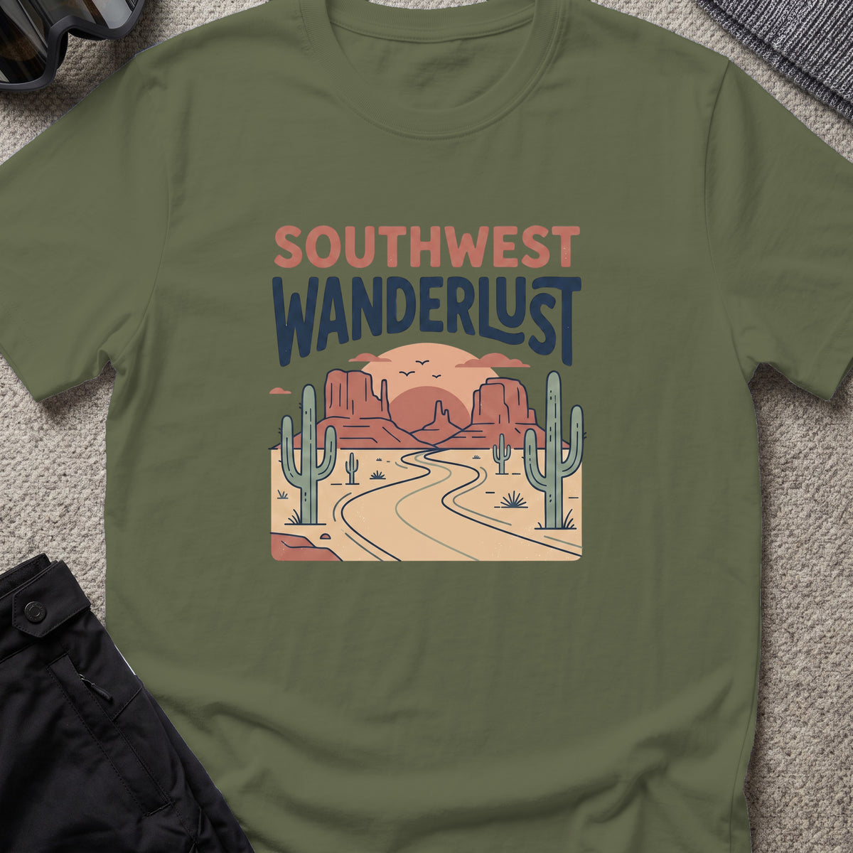 Southwest Wanderlust T-Shirt — Desert Highway in Military Green, front view.