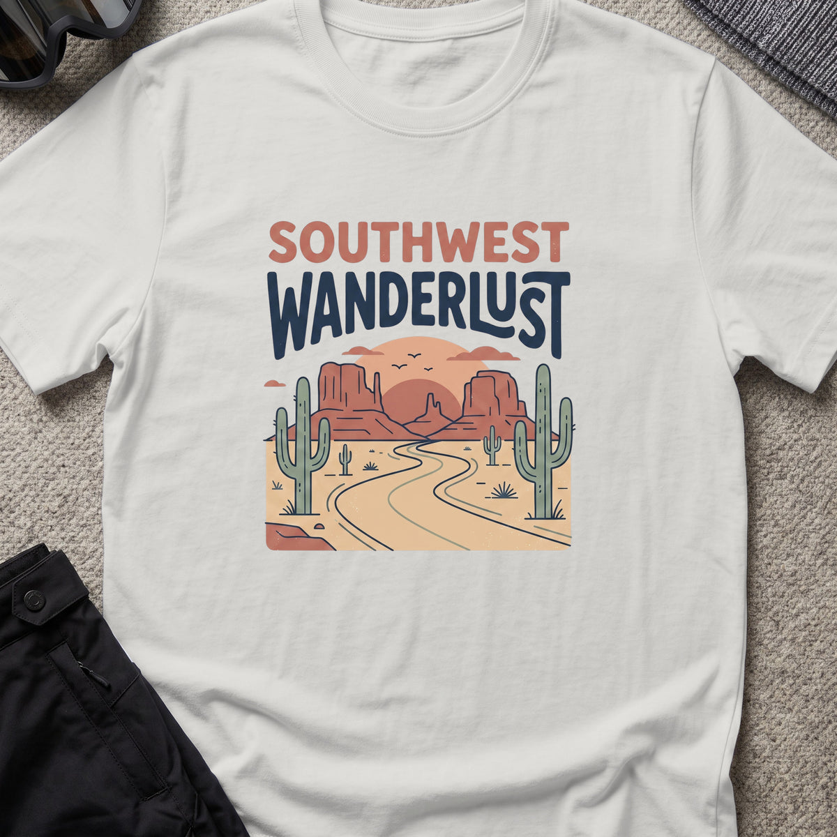 Southwest Wanderlust T-Shirt — Desert Highway in Ice Grey, front view.