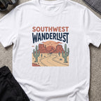 Southwest Wanderlust T-Shirt — Desert Highway in White, front view.