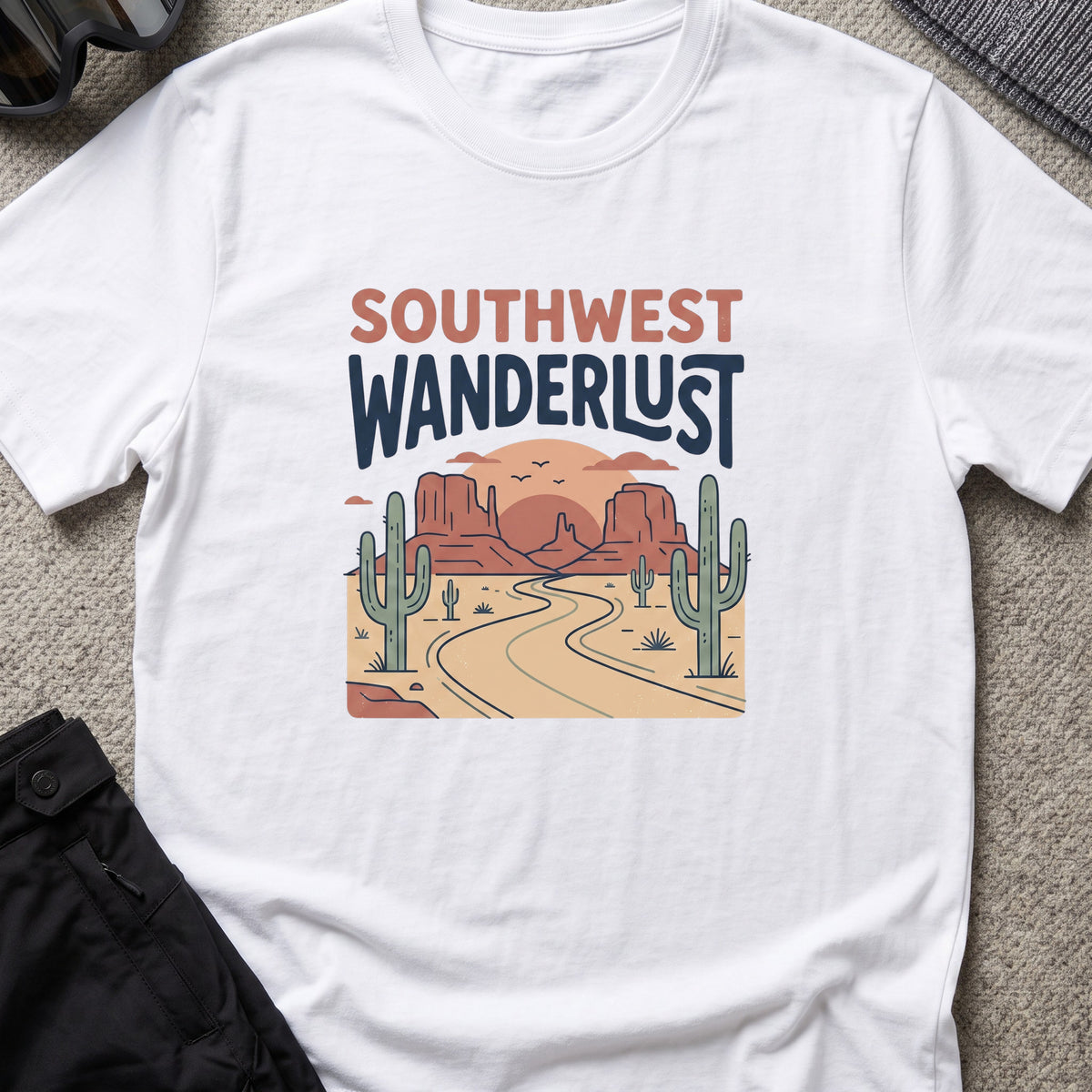 Southwest Wanderlust T-Shirt — Desert Highway in White, front view.