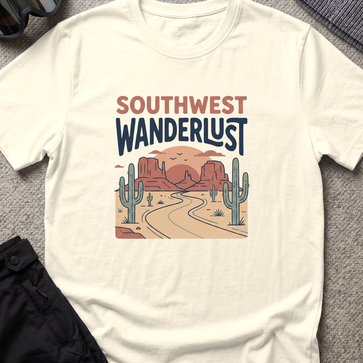 Southwest Wanderlust T-Shirt — Desert Highway in Natural, front view.