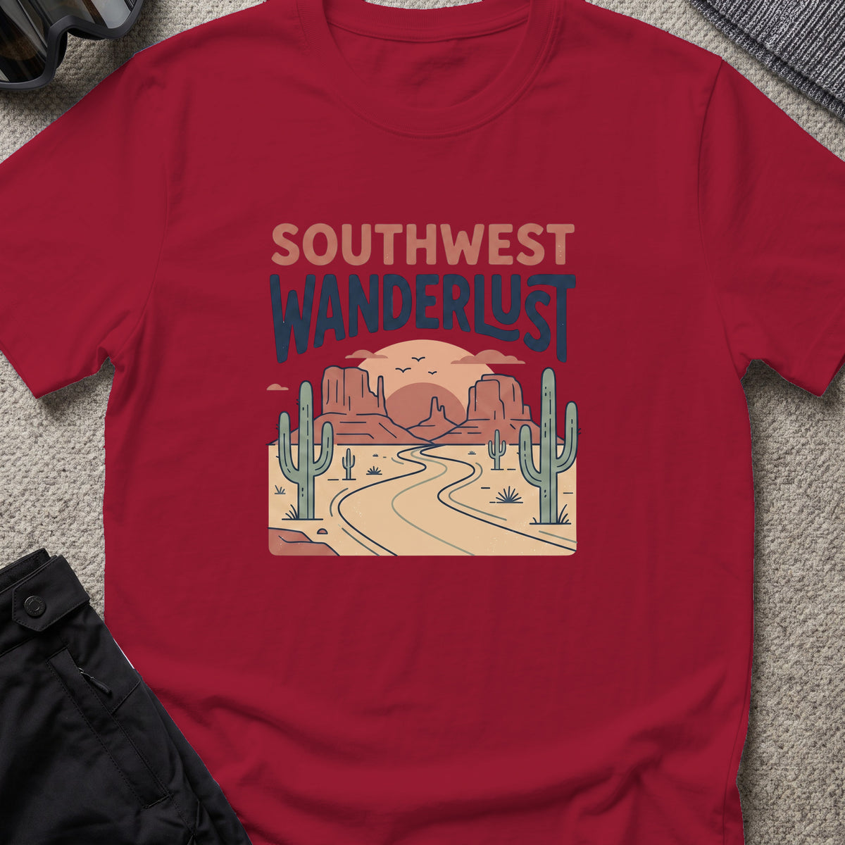 Southwest Wanderlust T-Shirt — Desert Highway in Cardinal Red, front view.