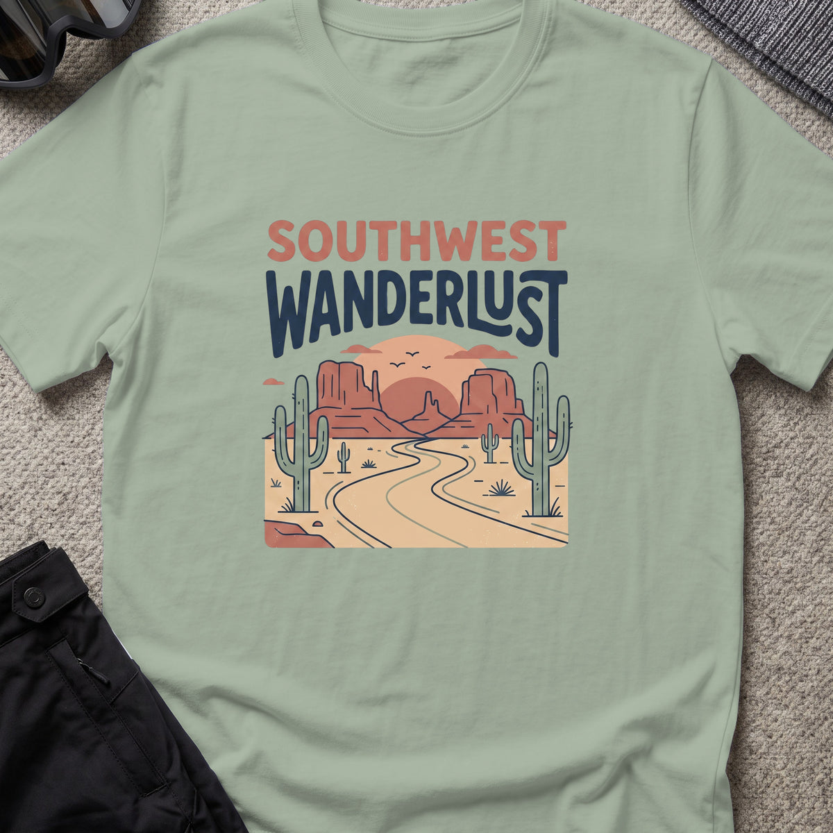 Southwest Wanderlust T-Shirt — Desert Highway in Sage, front view.