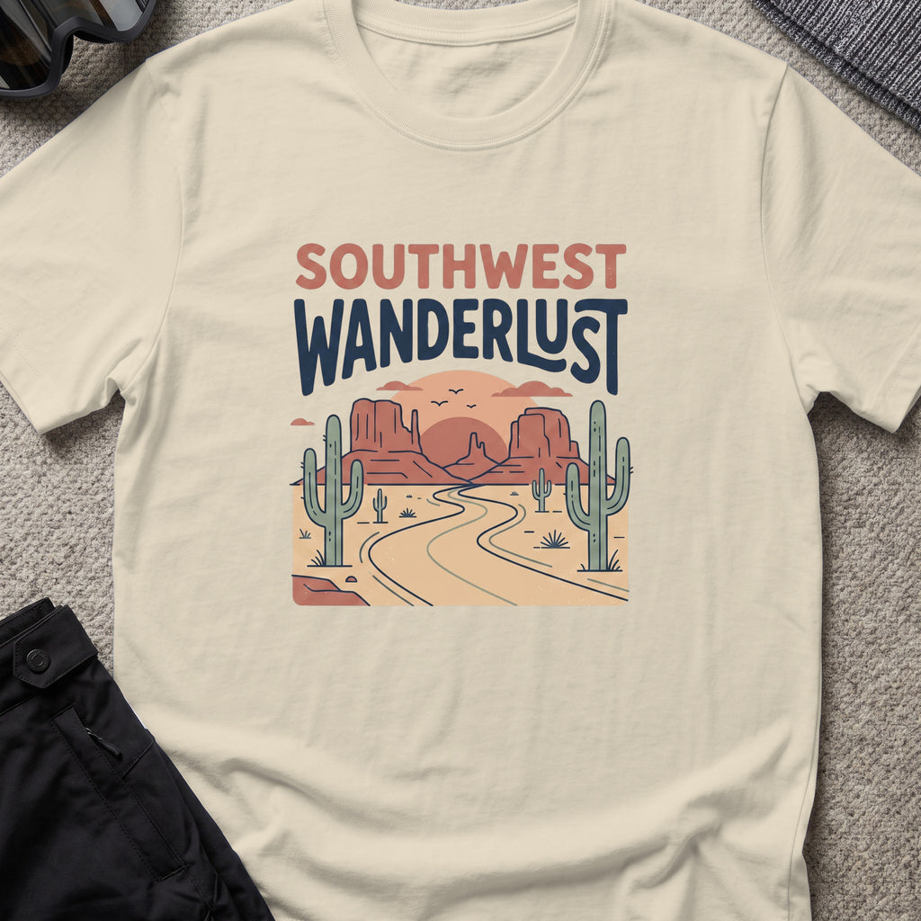 Southwest Wanderlust T-Shirt — Desert Highway in Sand, front view.