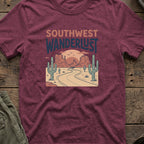 Southwest Wanderlust T-Shirt — Desert Highway in Heather Maroon, front view.