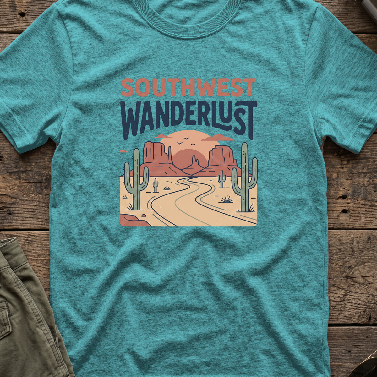 Southwest Wanderlust T-Shirt — Desert Highway in Heather Galapagos Blue, front view.