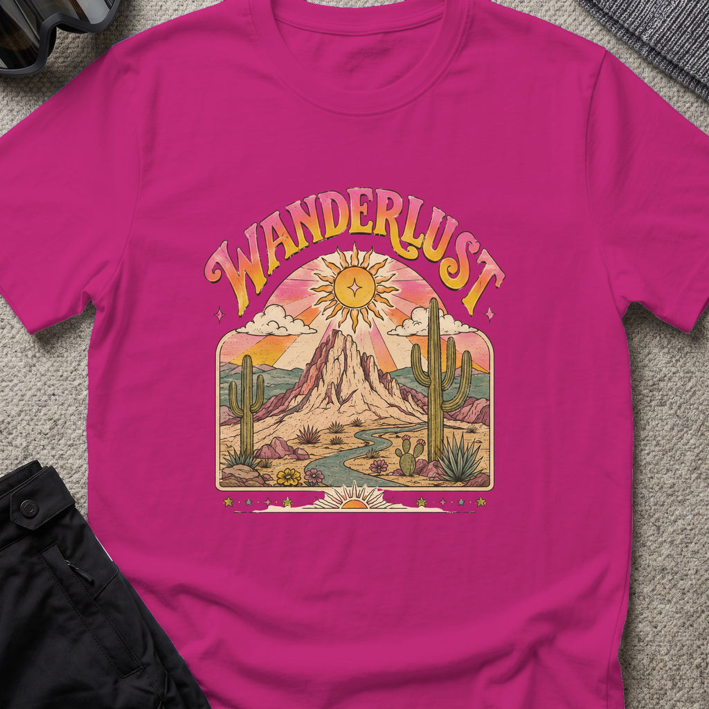 Wanderlust T-Shirt — Desert Sunburst in Antique Heliconia, front view.