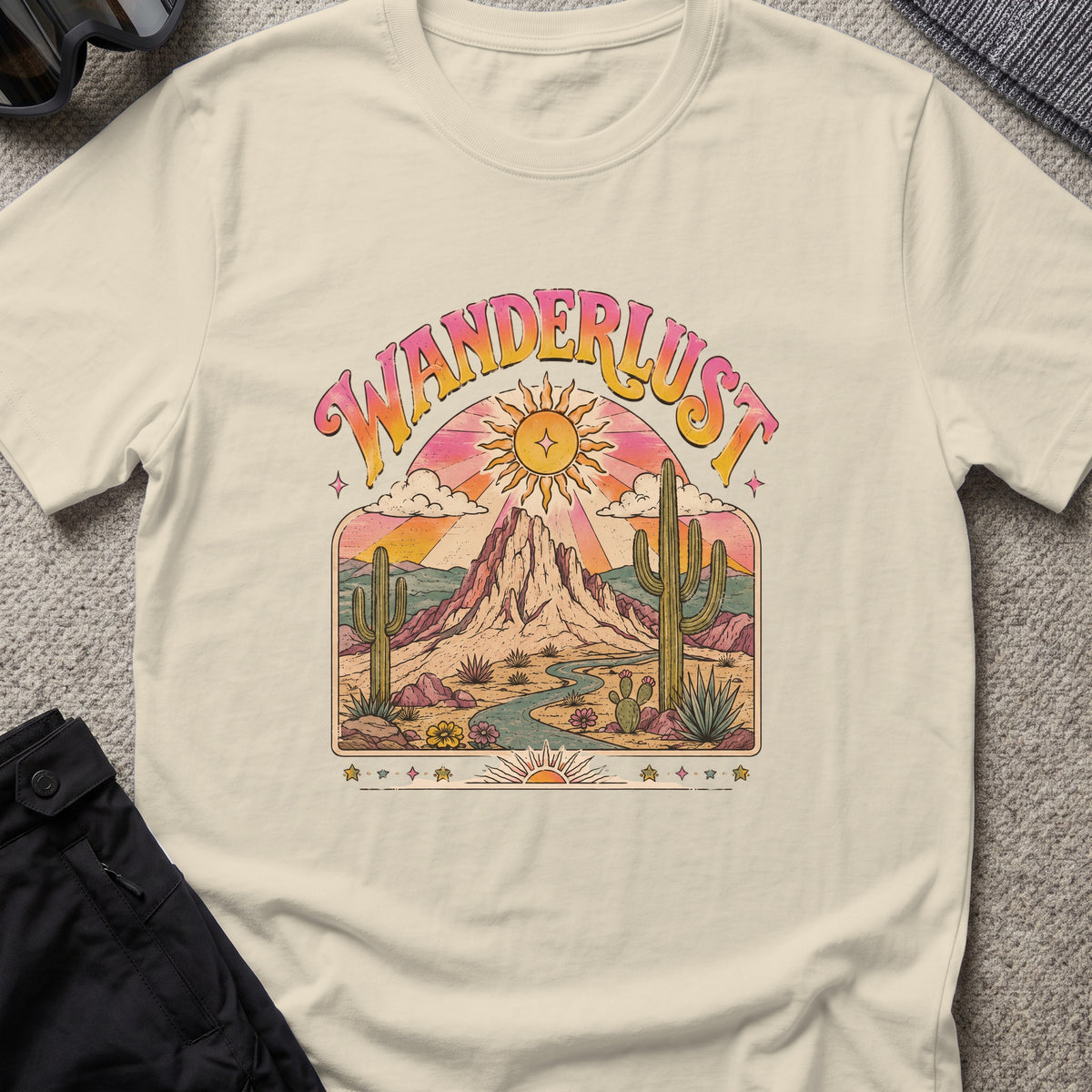 Wanderlust T-Shirt — Desert Sunburst in Sand, front view.