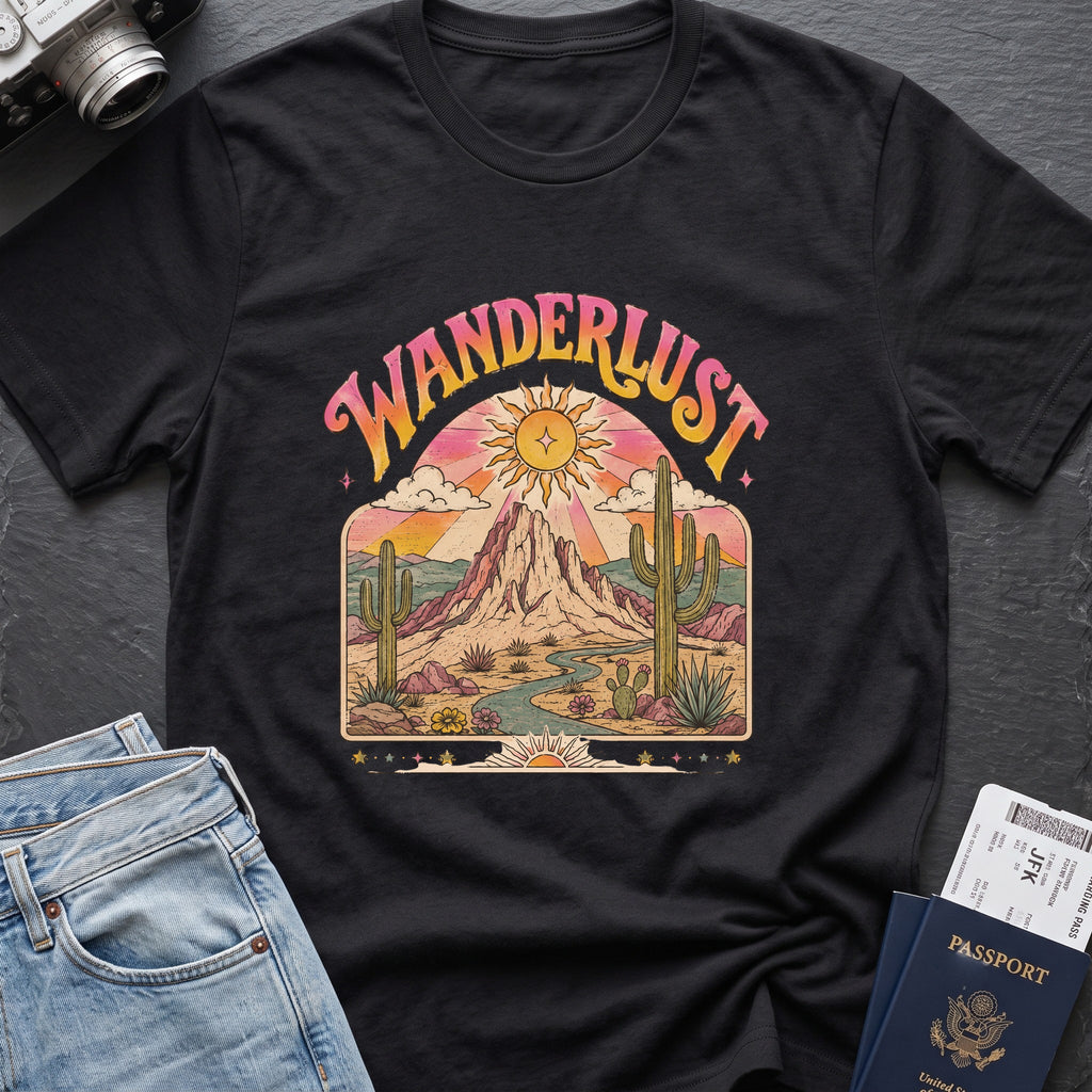 Wanderlust T-Shirt — Desert Sunburst in Black, front view.