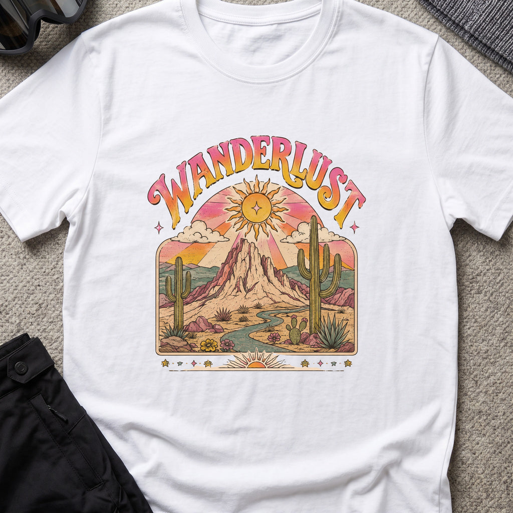 Wanderlust T-Shirt — Desert Sunburst in White, front view.